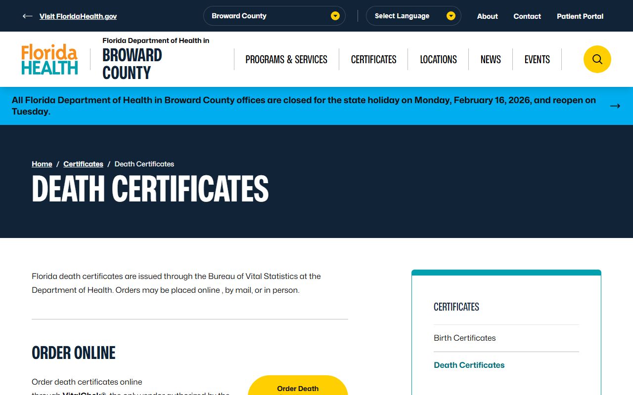 Broward County obituary death records death certificates page