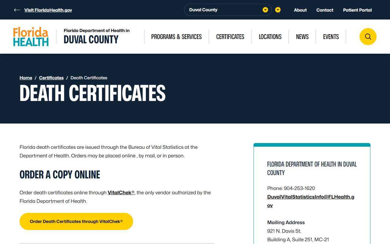Duval County obituary death records death certificates page