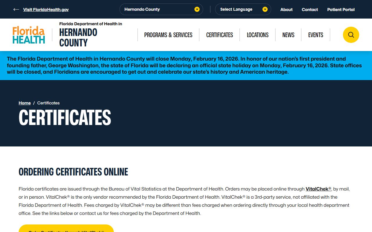 Hernando County obituary death records certificates page