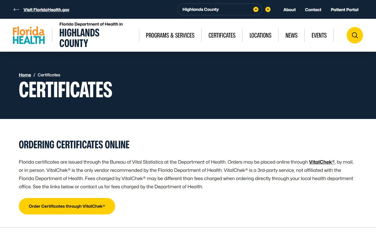 Highlands County obituary death records certificate services