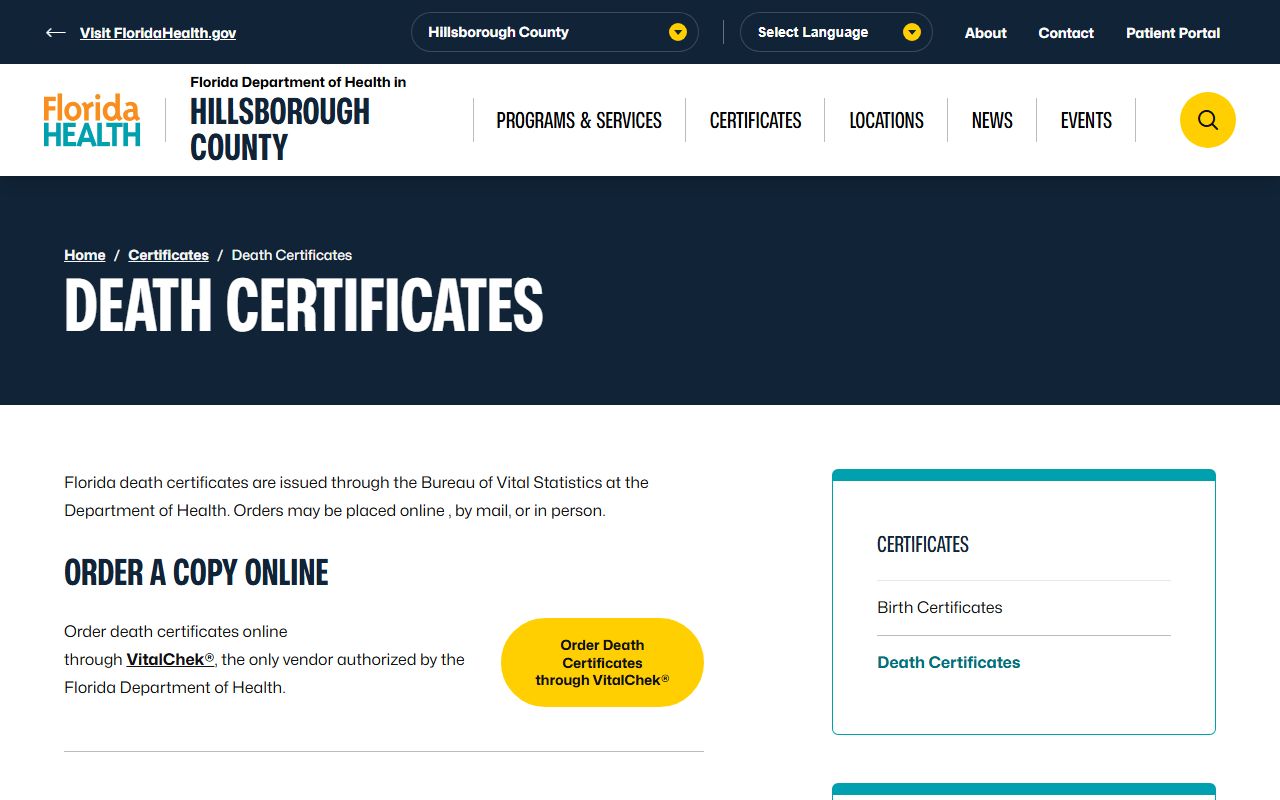 Hillsborough County obituary death records death certificates page