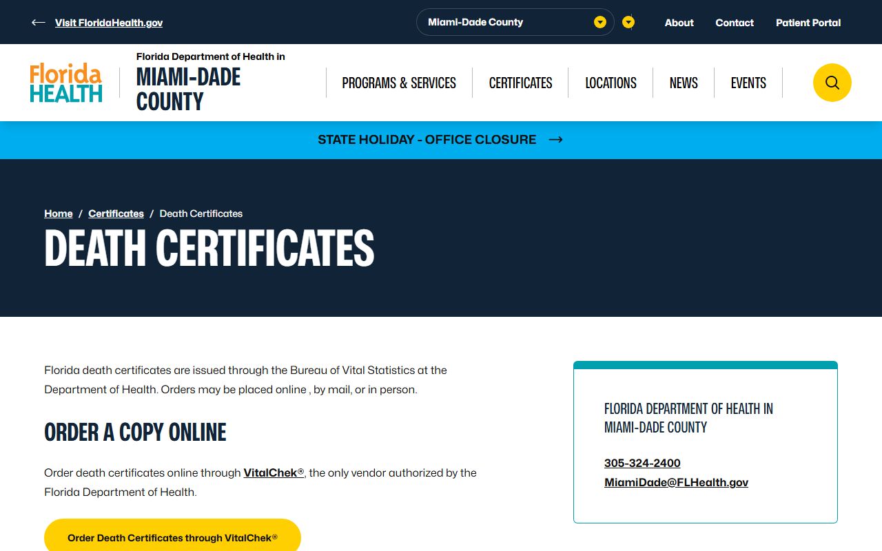 Miami-Dade County obituary death records death certificates page