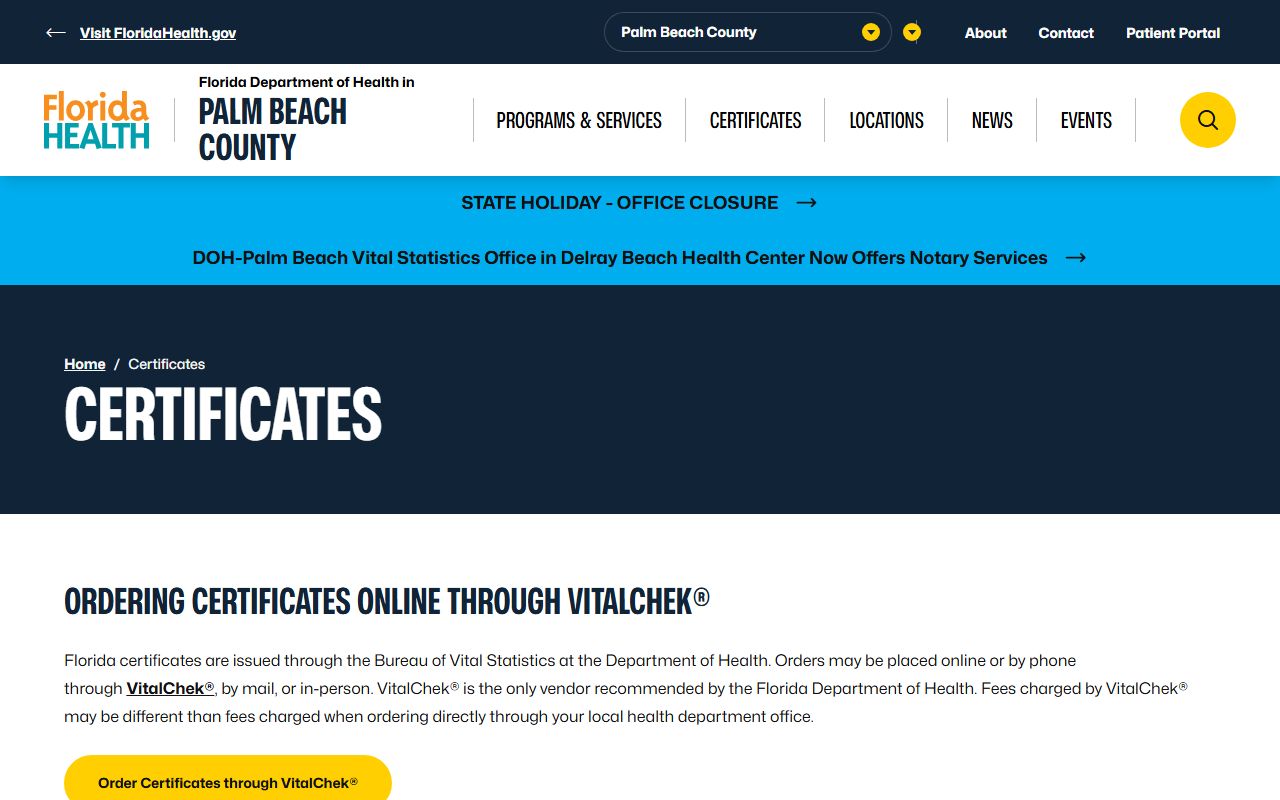 Palm Beach County obituary death records certificates page