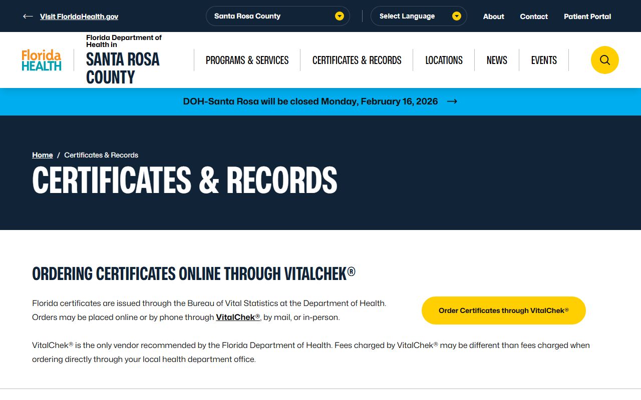 Santa Rosa County obituary death records certificate types