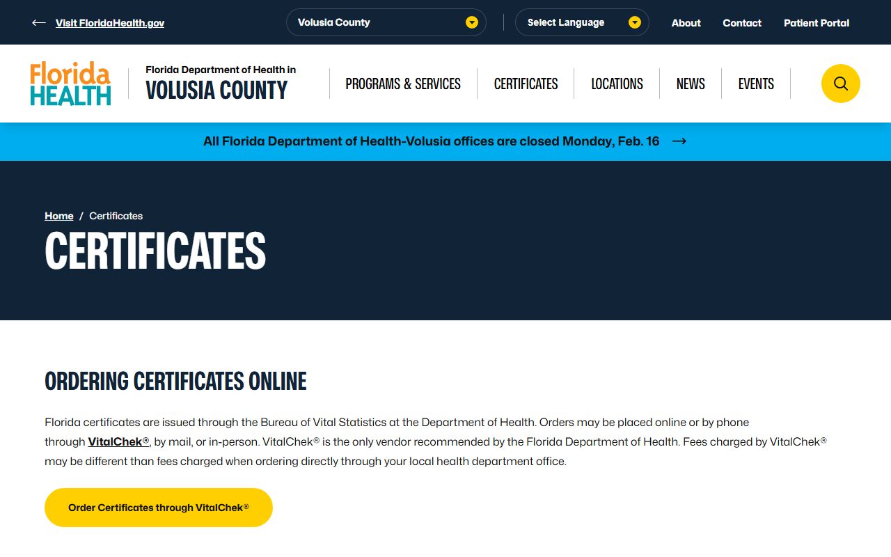 Volusia County obituary death records certificates page