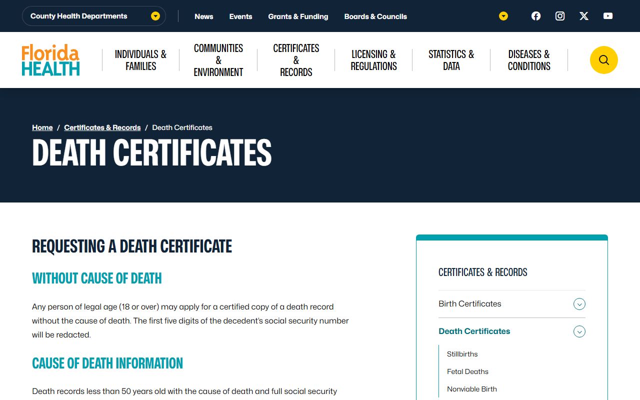 Florida Department of Health death certificates page for obituary records