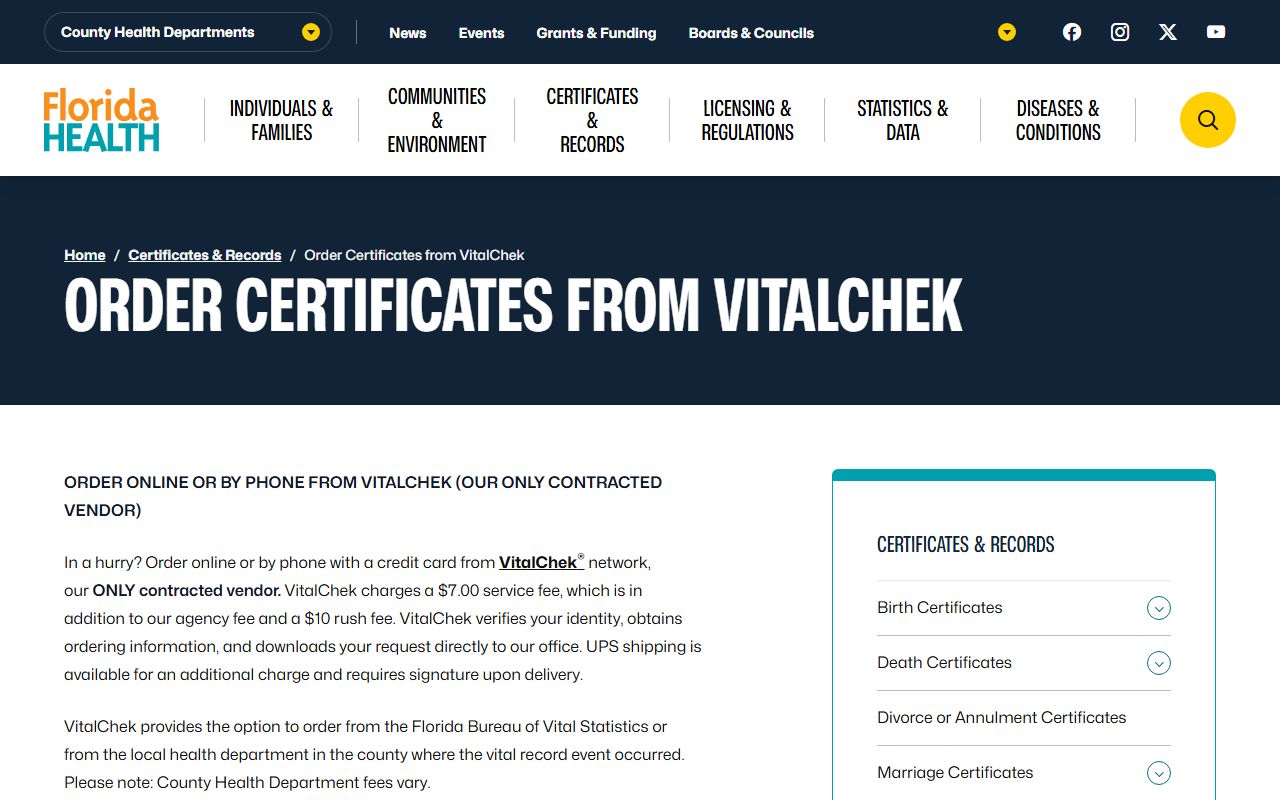 Florida DOH VitalChek ordering page for death records
