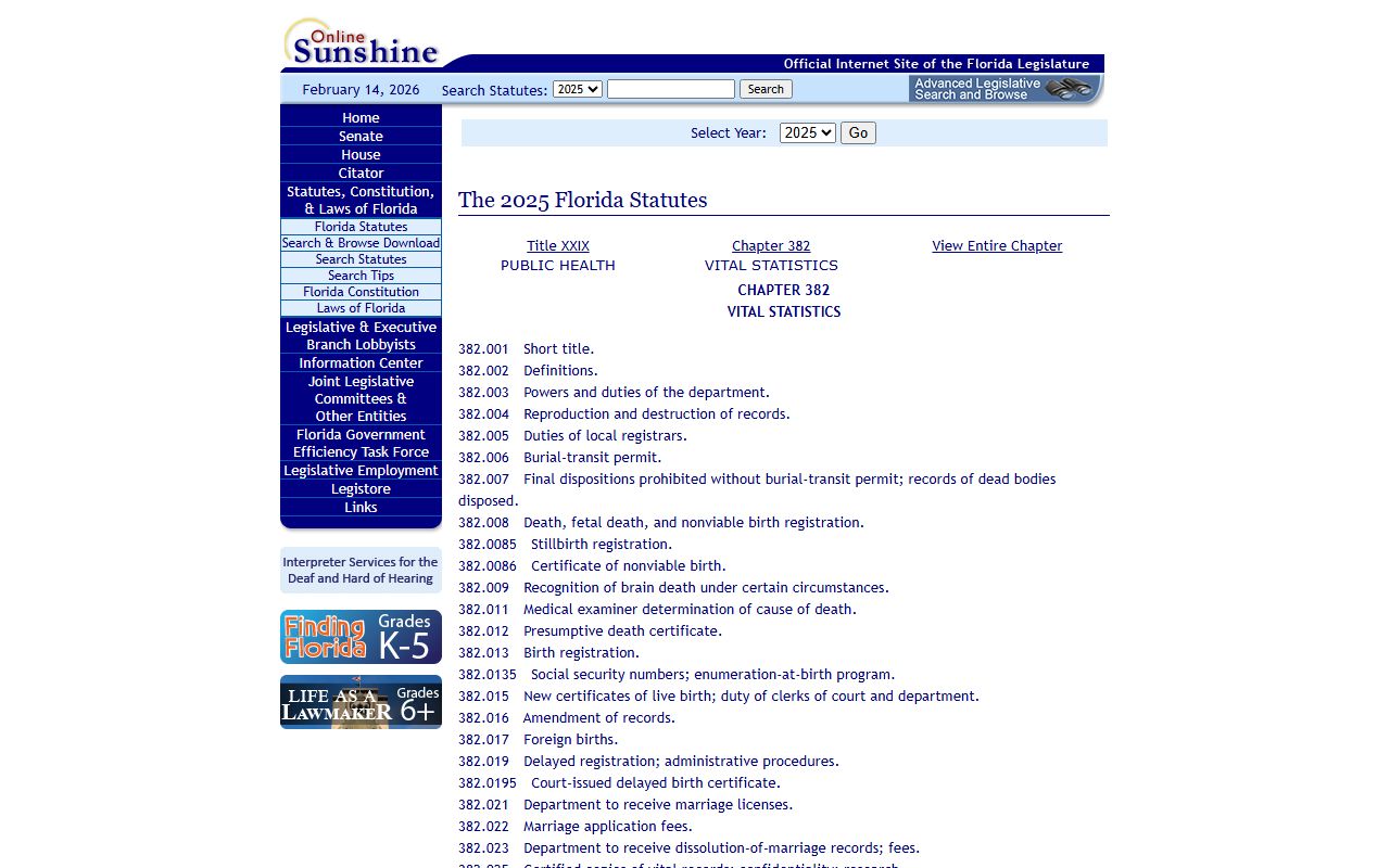 Florida Statutes Chapter 382 vital statistics for obituary records